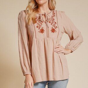 HEM & THREAD Tan Embroidered Peasant Blouse, Boho Floral Long Sleeve Top, Flowy